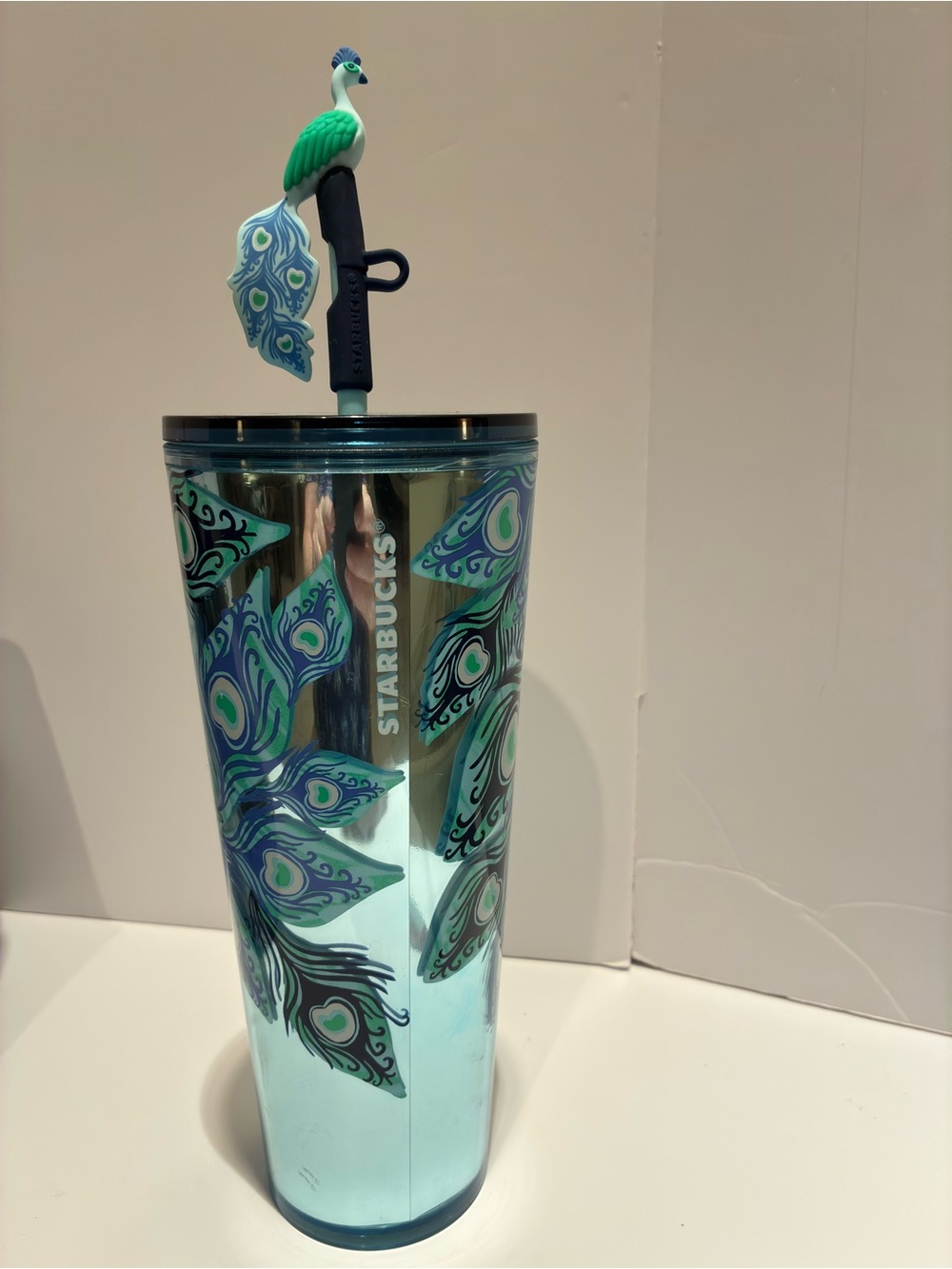 Starbucks Peafowl Teal and Green Travel Tumbler with Decorative Straw Topper